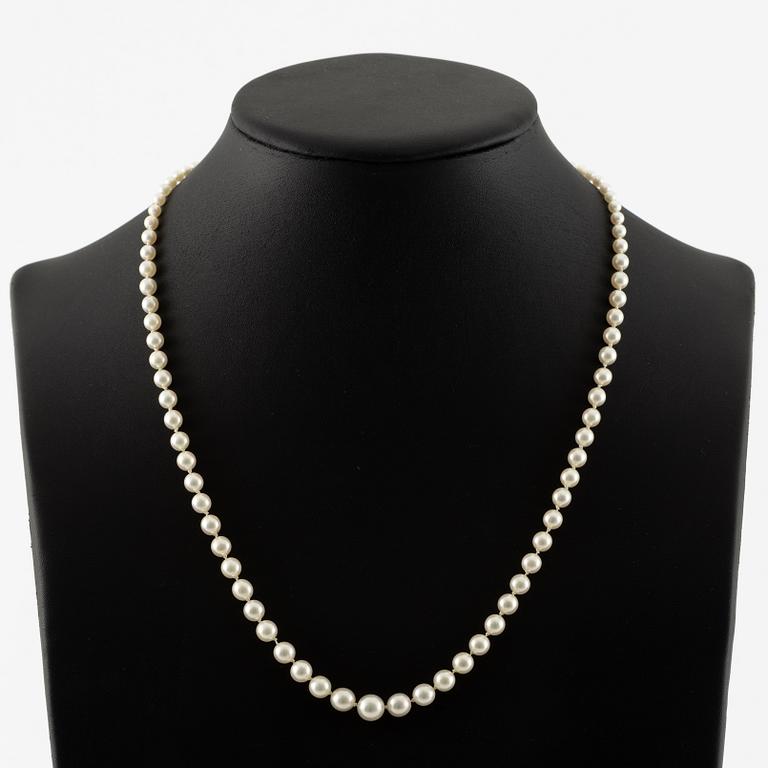 Necklace of cultured pearls with an old-cut diamond clasp in 18K gold.