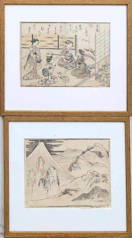 Två träsnitt, Katsushika Hokusai, efter och Suzuki Harunobu, efter, Japan 1800-tal.