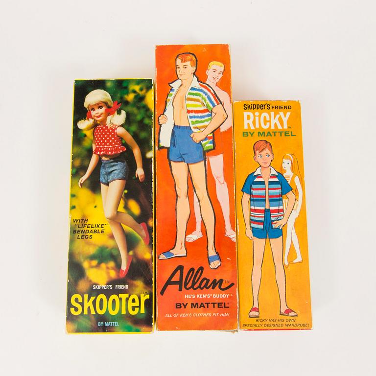 BARBIE OCH HENNES VÄNNER samt TWIGGY, 5 stycken, Mattel, 1960s.