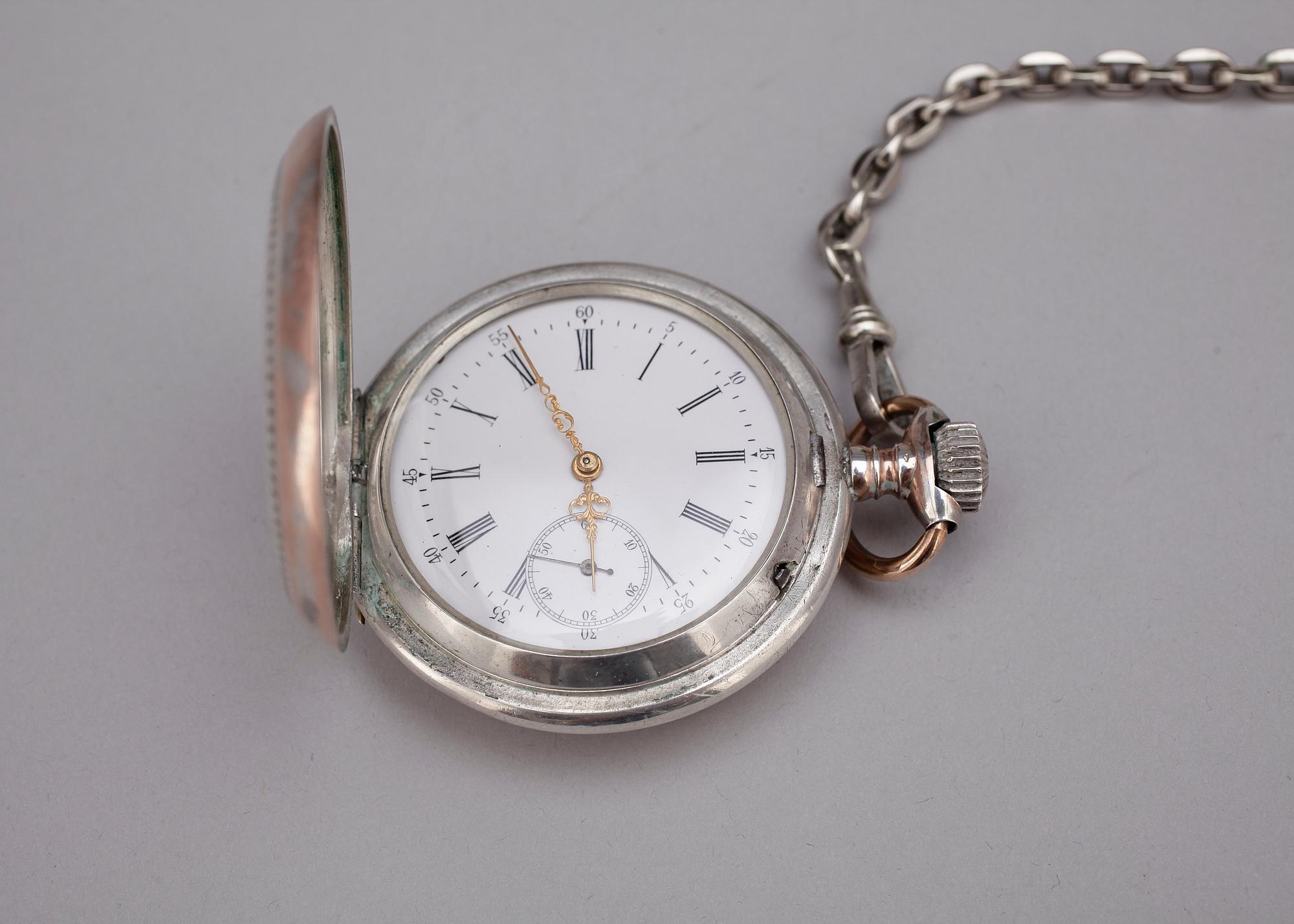 FICKUR OCH KLOCKSTÄLL, herr 2+2st, silver, 1800-1900-tal.