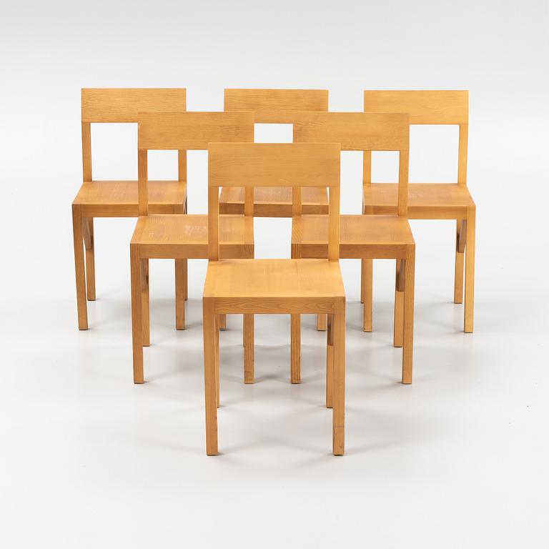 A set of six signed stained pine 'Bracket Chairs' by Frederik Gustav for Frama, Copenhagen 2023.