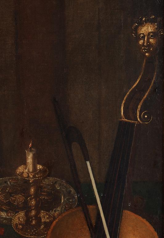 Vanitas med silverföremål, musikinstrument och döskalle.