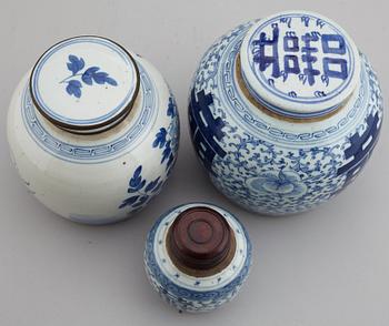 A set of three odd blue and white jars, late Qing dynasty, 19th Century.