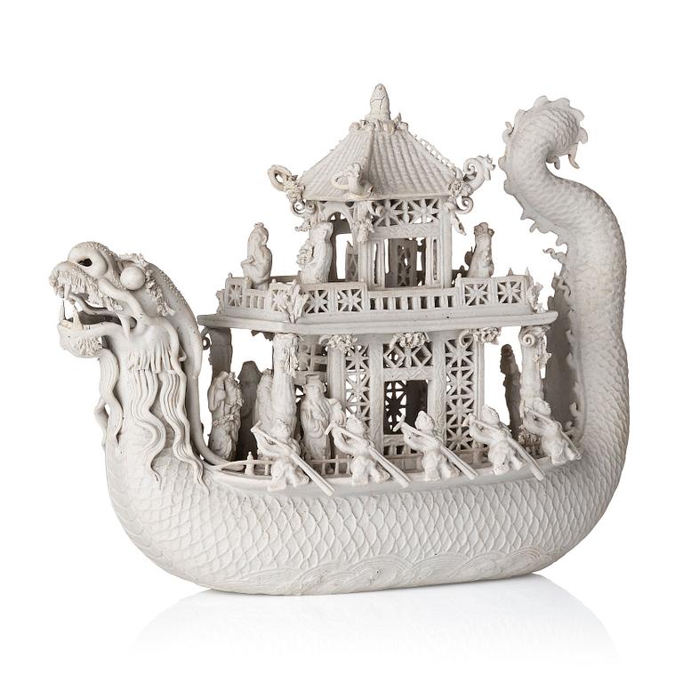 A white biscuit Dragon Boat, Qing dynasty, 19th Century.