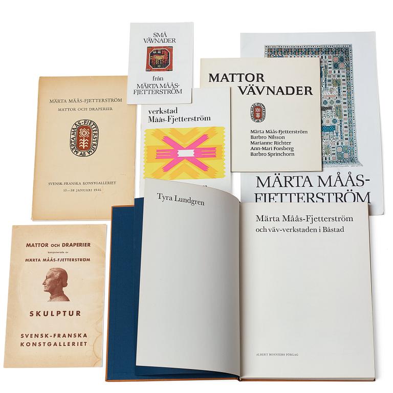 A BOOK, CATALOGUES, 4 PIECES AND FOLDERS, 2 PIECES about Märta Måås-Fjetterström and the atelier in Båstad.