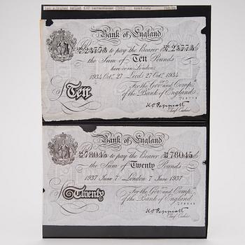 Two 1940s English bank notes, Operation Bernhard German forgeries.