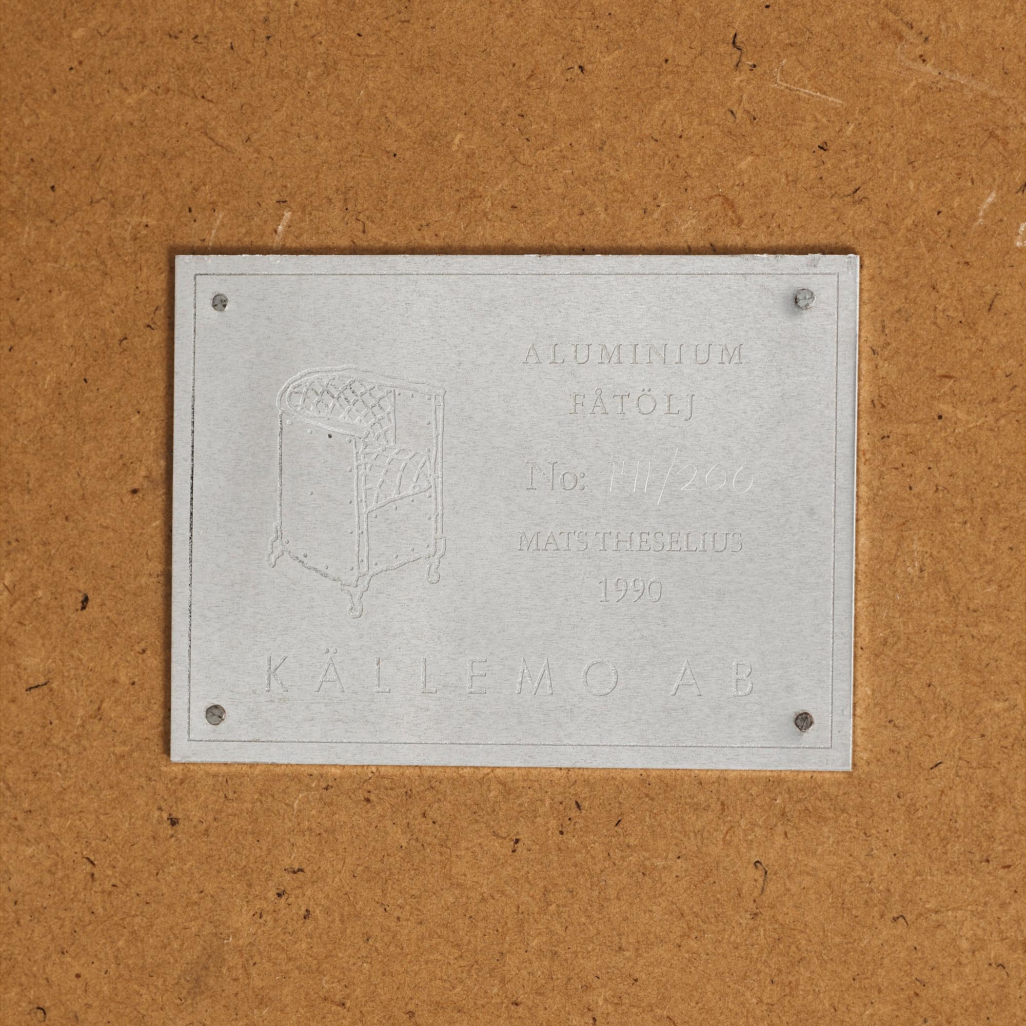 MATS THESELIUS, "Aluminiumfåtölj", Källemo, Värnamo ca 1990.