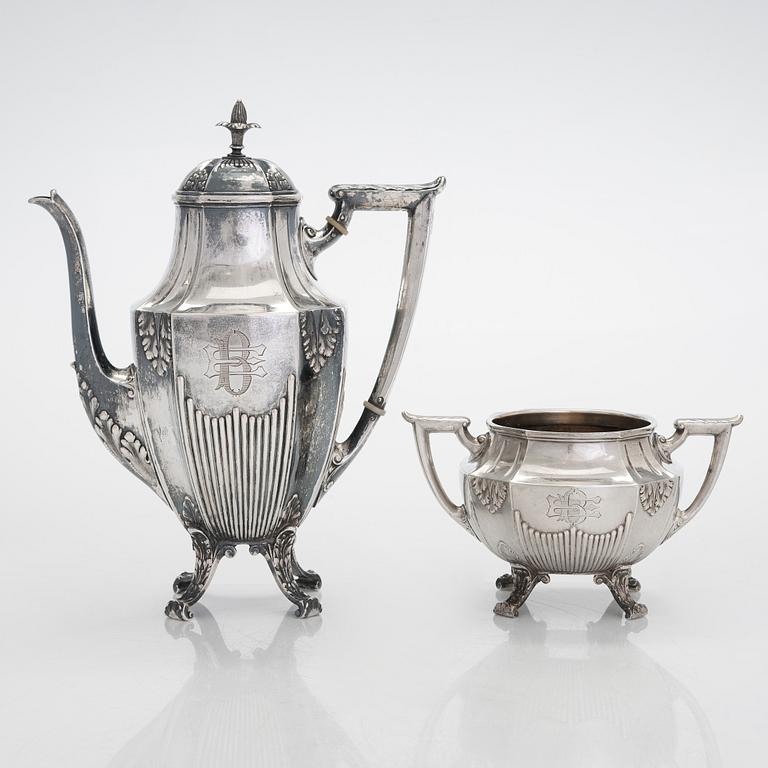 Late 19th-century silver coffee pot and sugar bowl, maker's mark of Hjalmar Fagerroos, Helsinki 1898.