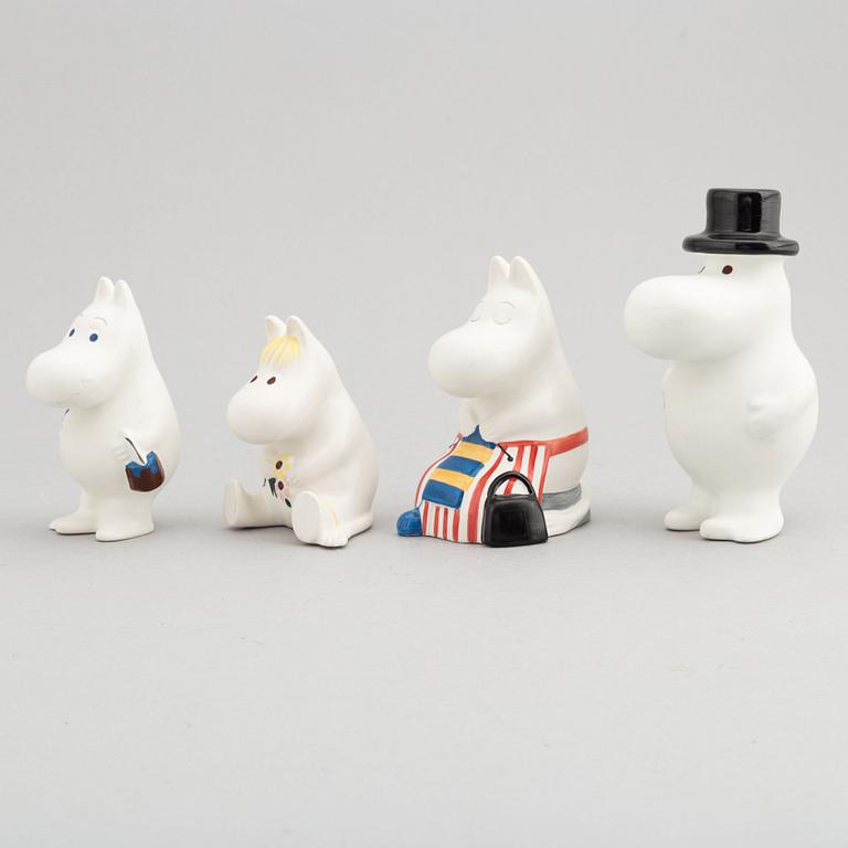 Four porcelain figurines, the Moomin family, Moomin characters, Arabia, Finland, end of the 20th century.