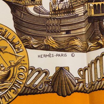 SCARF, "Hermès, "Nefs d'or -orange", issued 1971.