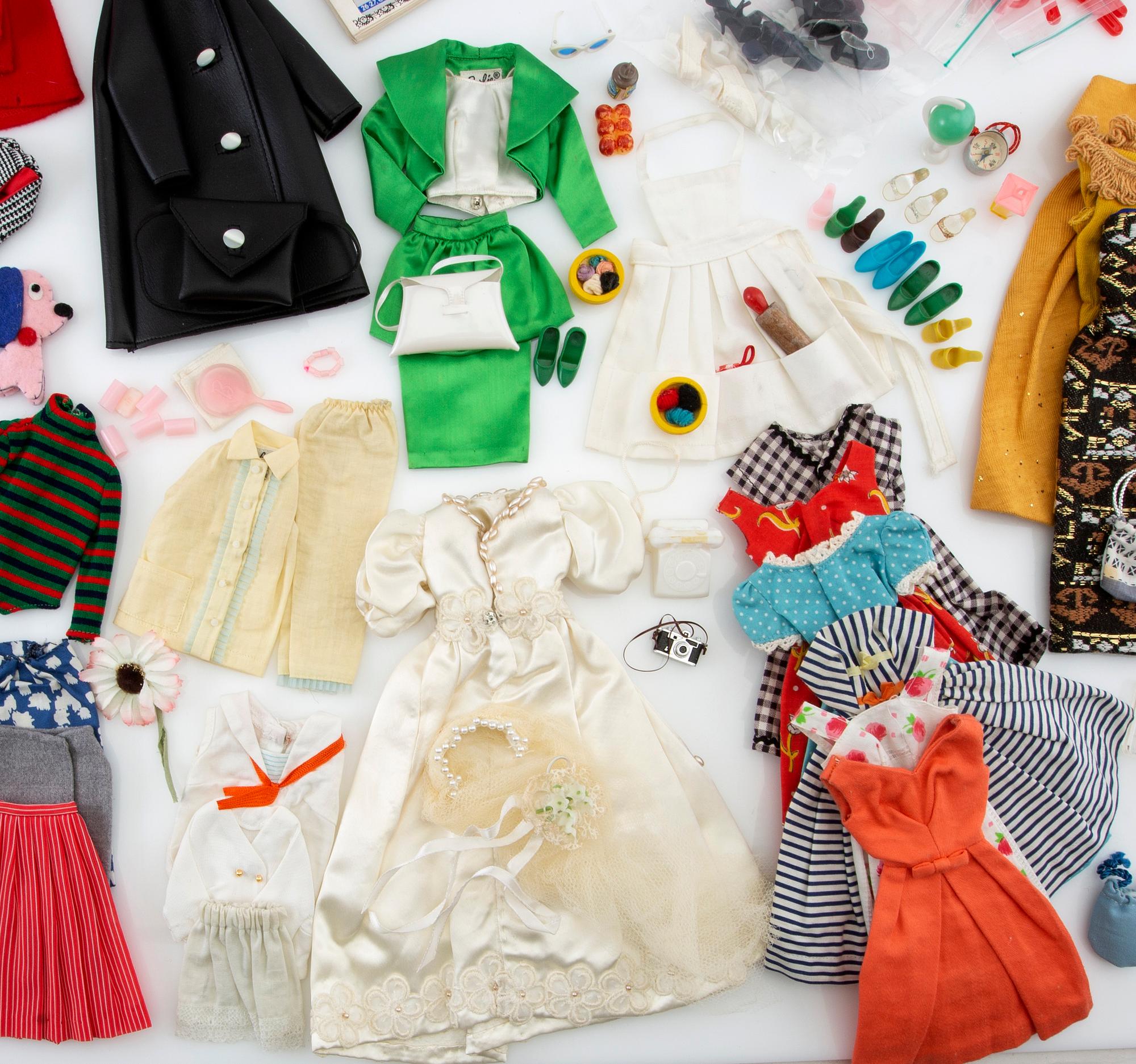 Barbie wardrobe along with clothes and accessories, 1960s, including "Theatre date" 1964.