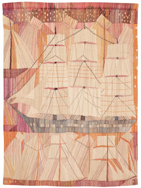 TAPESTRY. "Strandvägsskutor". Tapestry weave variant (gobelängvariant). 127,5 x 92 cm. Signed AB MMF MR.