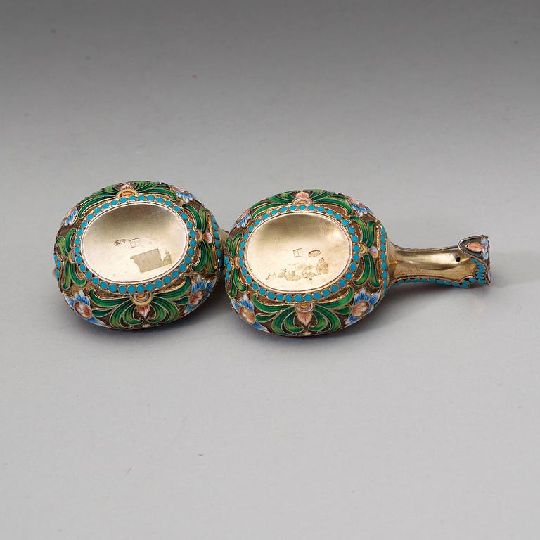 A pair of Russian silver-gilt and enameled kovsch/salts, unidentified makers mark, Moscow 1899-1908.