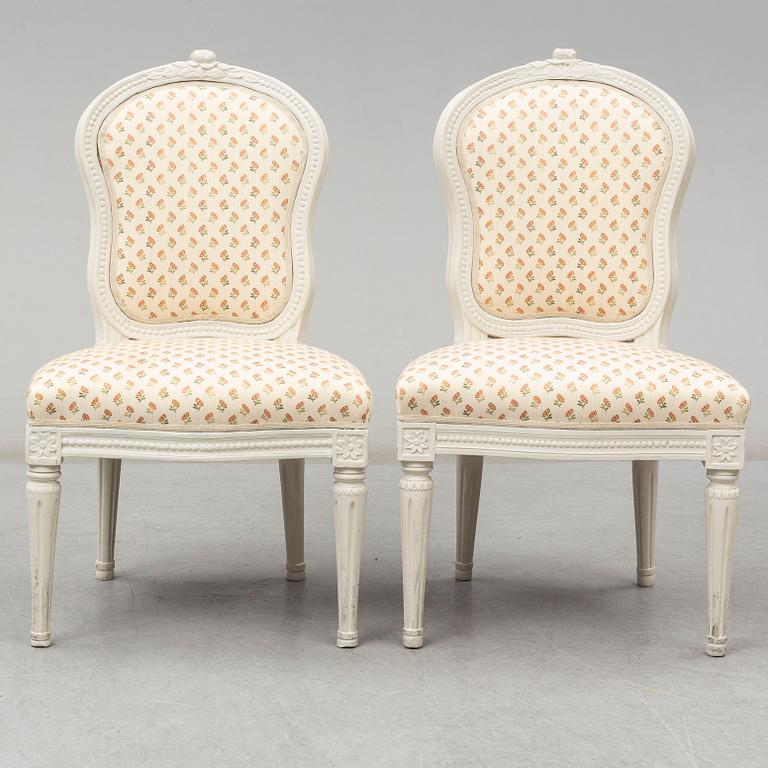 A Gustavian chair by Jakob Malmsten (master in Stockholm 1780-1788). One later copy included.