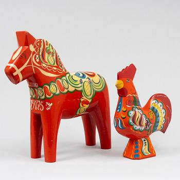 A carved wooden Dalecarlia horse and rooseter, Sweden, 1970's-80's.