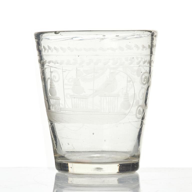 An engraved glass goblet, 18th century.