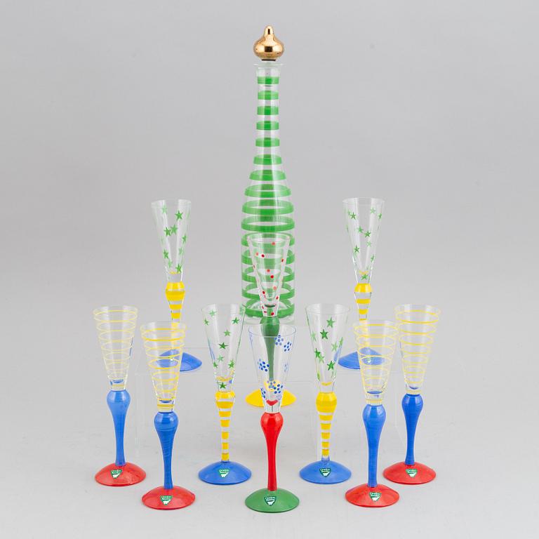 Anne Nilsson,  a set of10 glasses and decanter, "Clown", Orrefors.