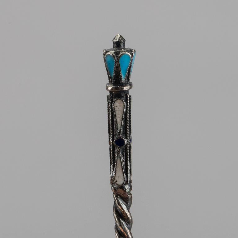 A set of six Russian silver and enamel spoons, around 1900 weight ca 195 gr.