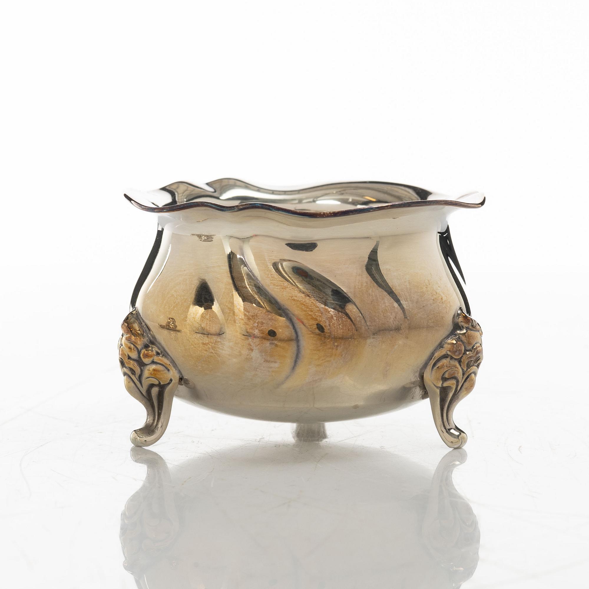 Wilhelm T Binder, sugar bowl, creamer, tray and sugar tong, silver, Schwäbisch Gmünd, Germany, 20th century.