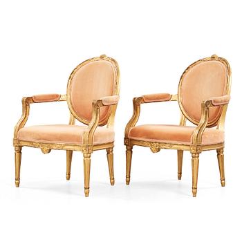 A pair of Gustavian armchairs by Johan Öhrmark (master in Stockholm 1761-1780's).