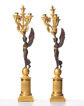 A pair of French  Empire five-light candelabra, sign. Rabiat, bronze maker in Paris 1756-1815.