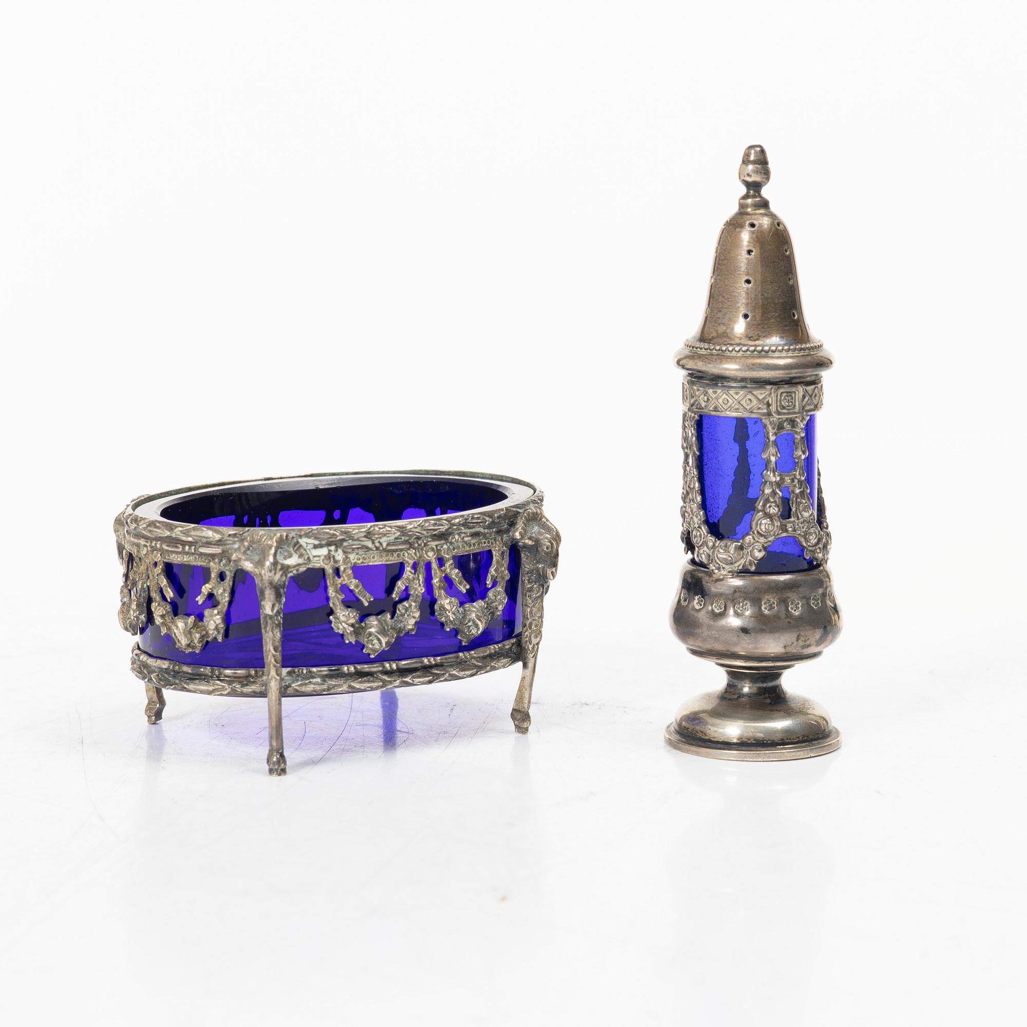 A silver salt cellar and a pepper shaker, Louis XVI style, Swedish import marks.