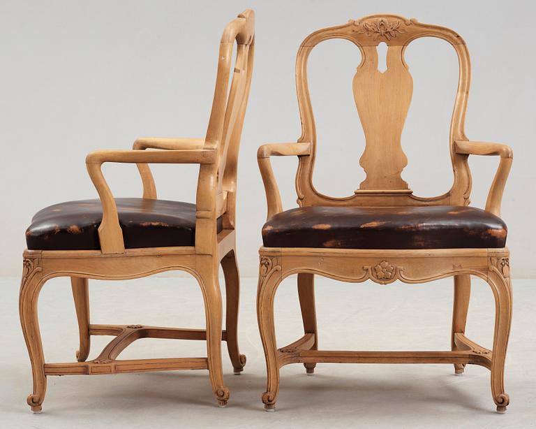 Six Swedish Rococo chairs, by C. J. Wadström. Also comprising two modern Rococo style armchairs.
