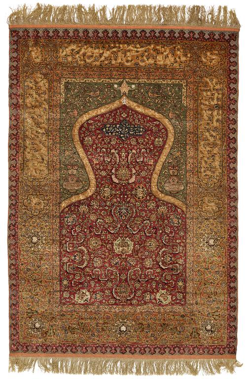 A rug, an antique Kum Kapi with metal brocade, Istanbul around 1910, "Sultan's Head Prayer" design.