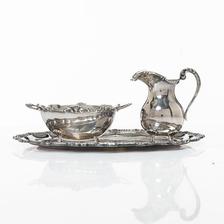 Cream jug, sugar bowl, and tray, silver, Rococo style, 20th century.