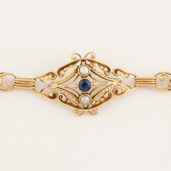 Gold, pearl and sapphire bracelet.