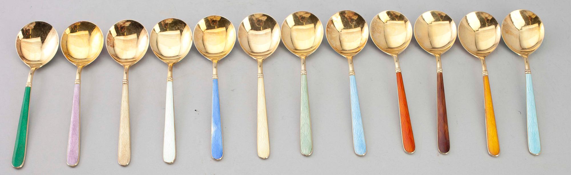 DESSERTSKEDAR, 12 st, silver och emalj, Tillander, stämplade 1991. Tot vikt ca 344 gr.