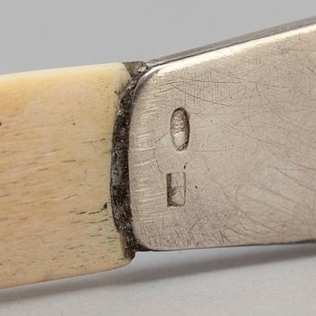 A Russian 20th century silver and translucent enamel paper knife, unidentified makers mark, Moscow 1908-1917.