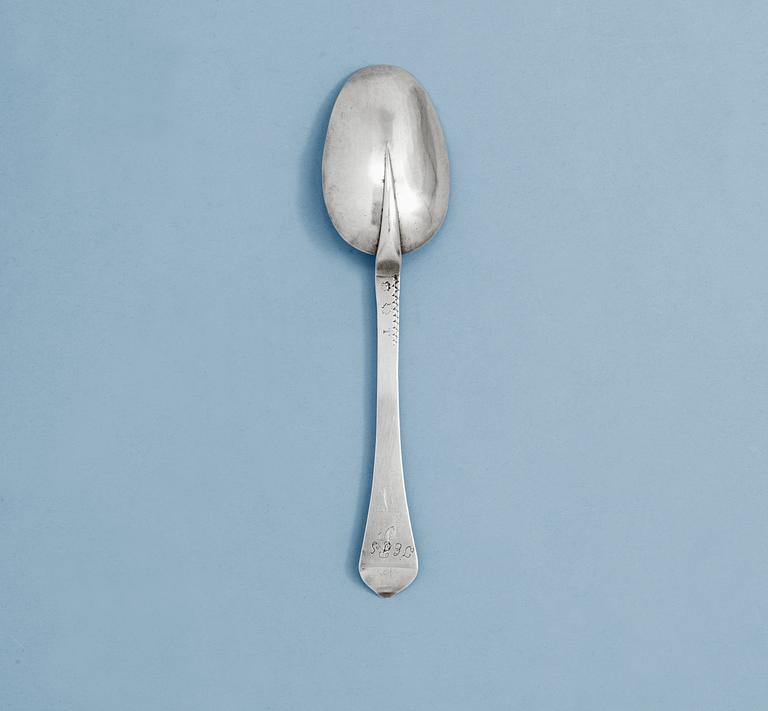 A SWEDISH SILVER SPOON, un identified makers mark, Stockholm 1707.