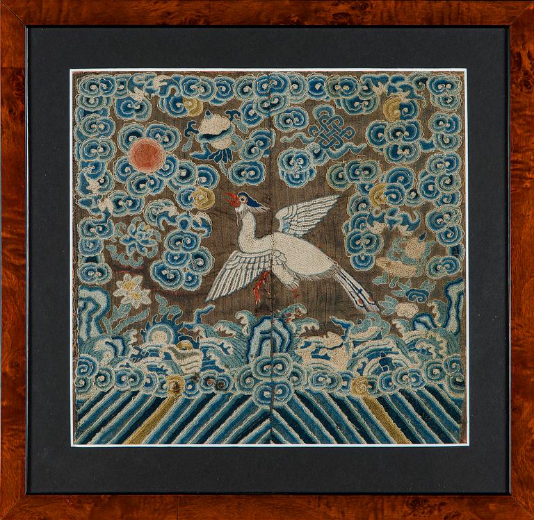 An embroidered rank badge/buzi, Peking knot technique. Late Qing dynasty.