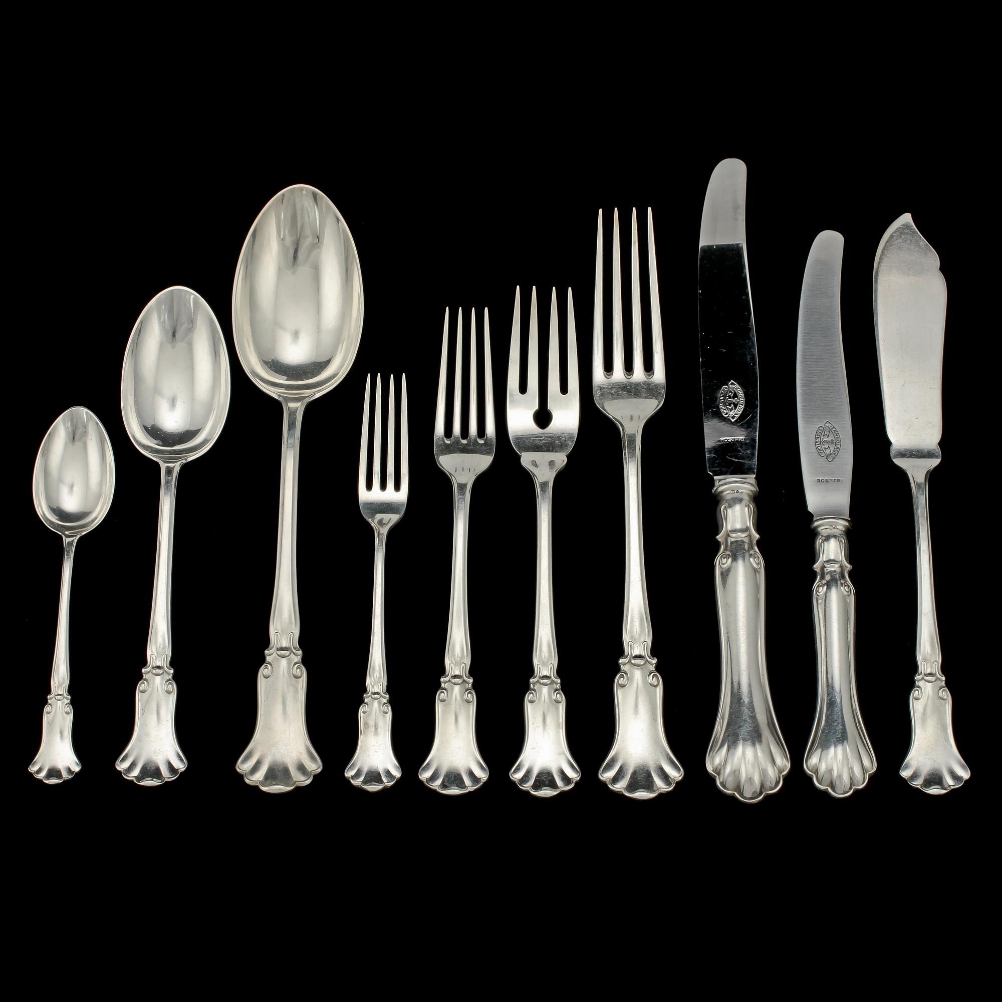 BESTIKSERVISDELAR, 56 st, silver, Karl Andersson, Stockholm, 1900-talets första hälft. Tot vikt 2300 g.