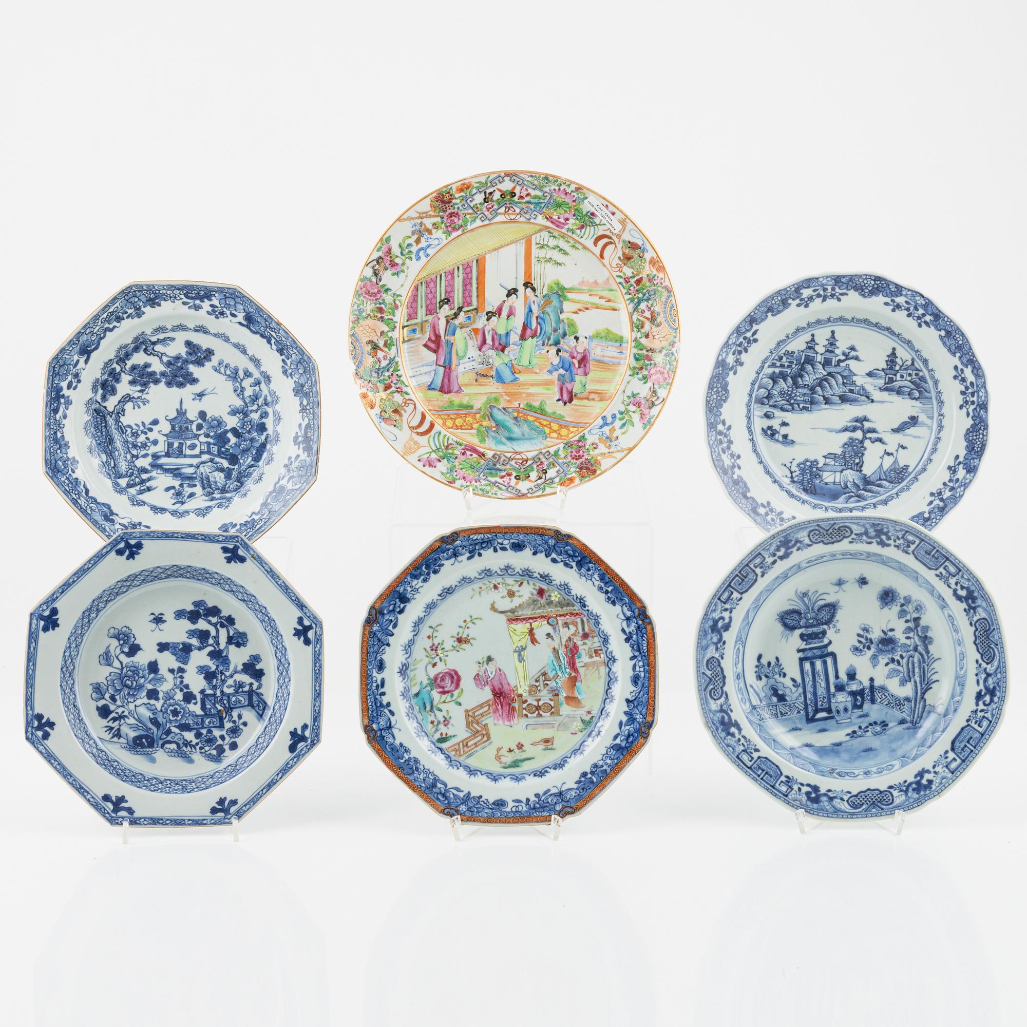 Tallrikar, 6 st, porslin, Kina, Qingdynastin, 1700/1800-tal.