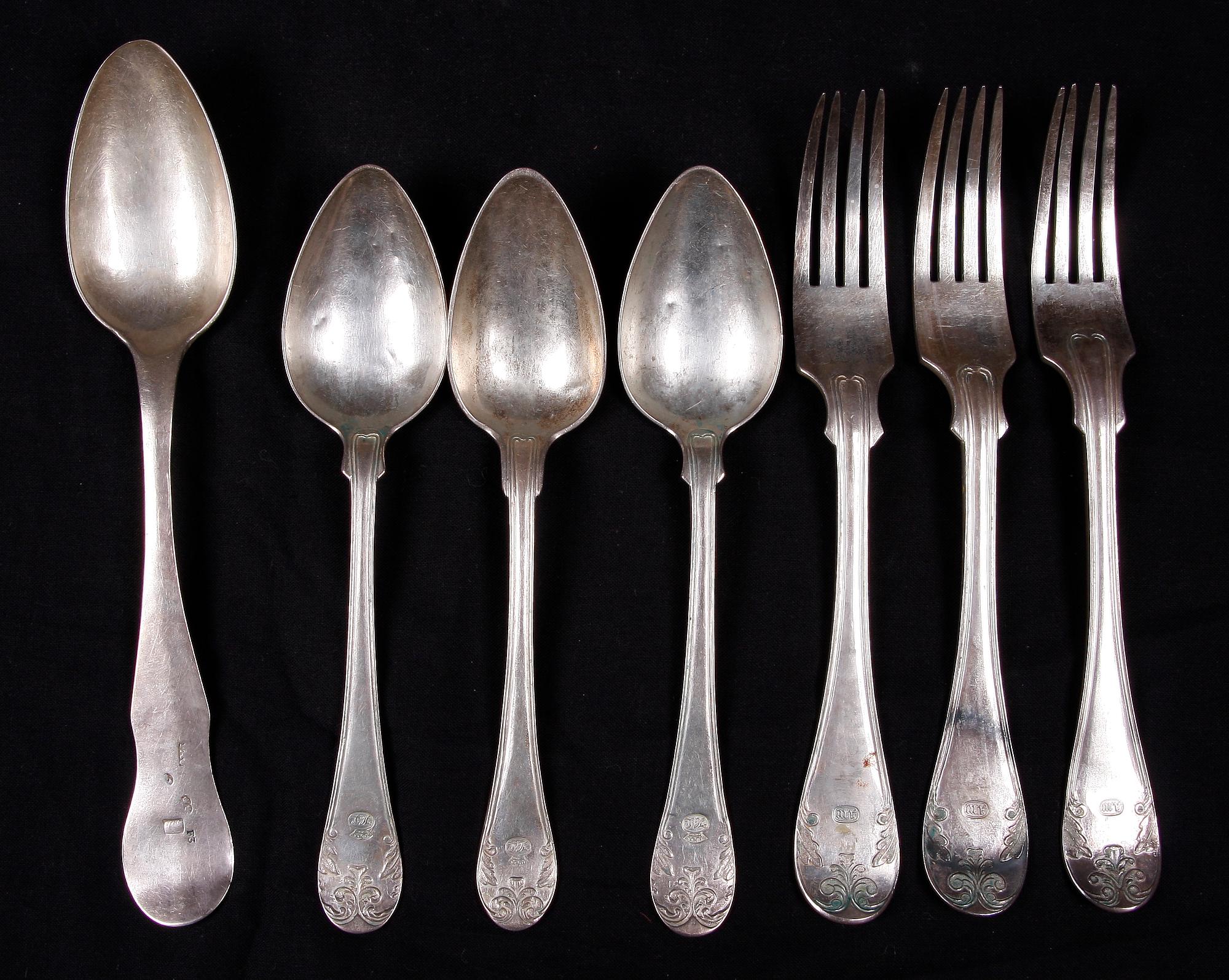 BESTICK, 7 st, silver, olika mästare bla Pehr Alfred Weström Uppsala 1863.