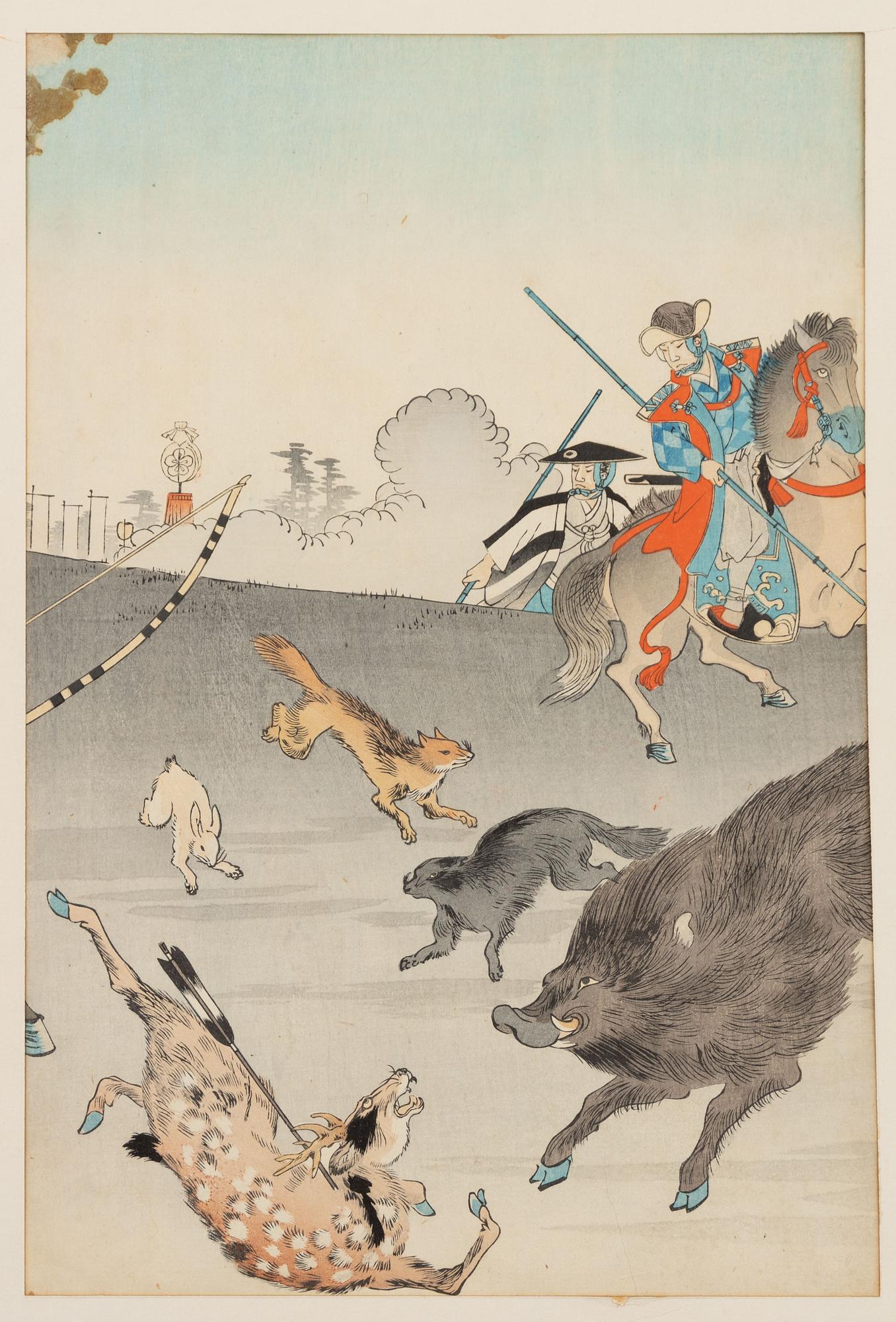 Toyohara Chikanobu, "The Front of Chiyoda Palace - Chiyoda no On-omote - Hunting at Kokinbara".