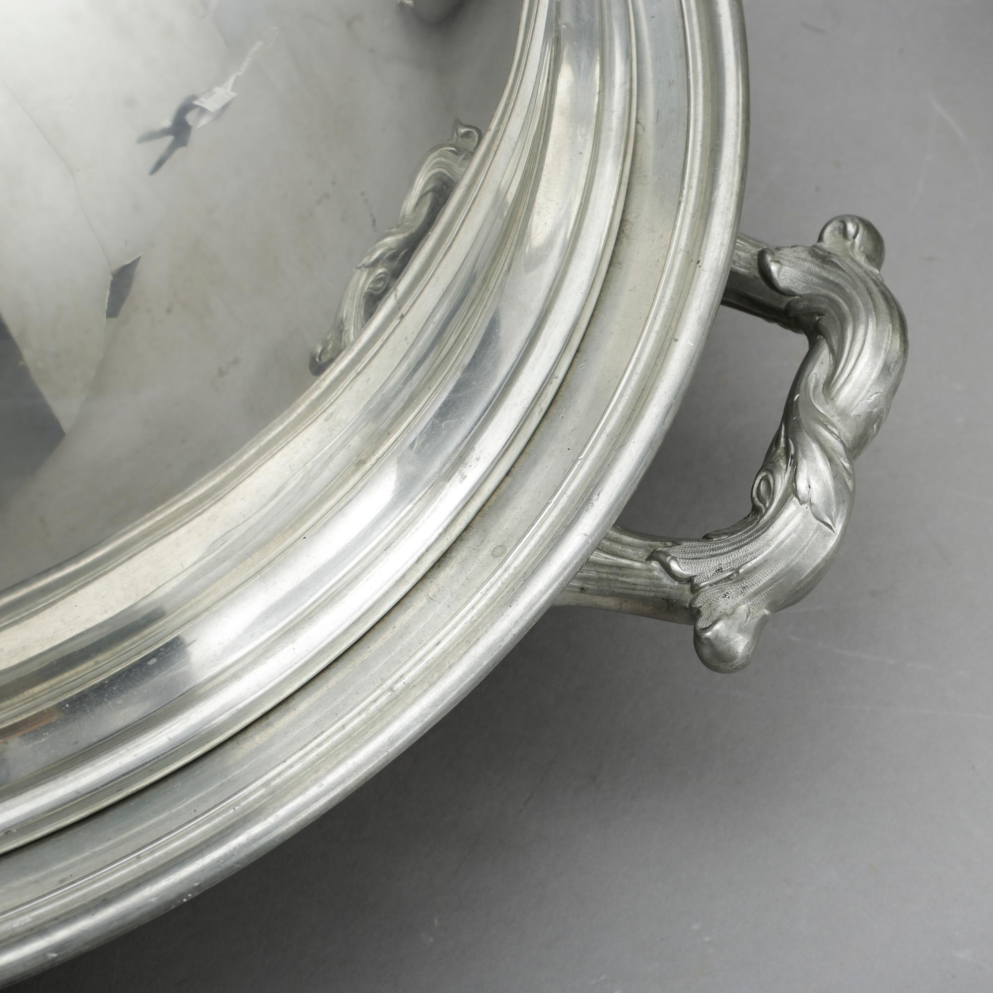 STEKHUV, VÄRMEFAT samt TALLRIKAR, 8 delar, tenn, James Dixon & Sons, Sheffield, England 1800/1900-tal.