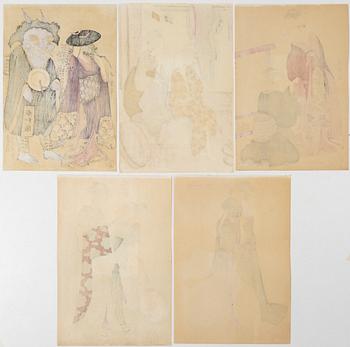 Five woodblock prints from a publication by "Tokyo Bijutsu Kankokai" (Tokyo Art Publishing Association" early 1900s.