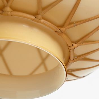 Harald Elof Notini, a vanilla coloured glass ceiling light with fretted rattan, Böhlmarks, Stockholm 1940's.