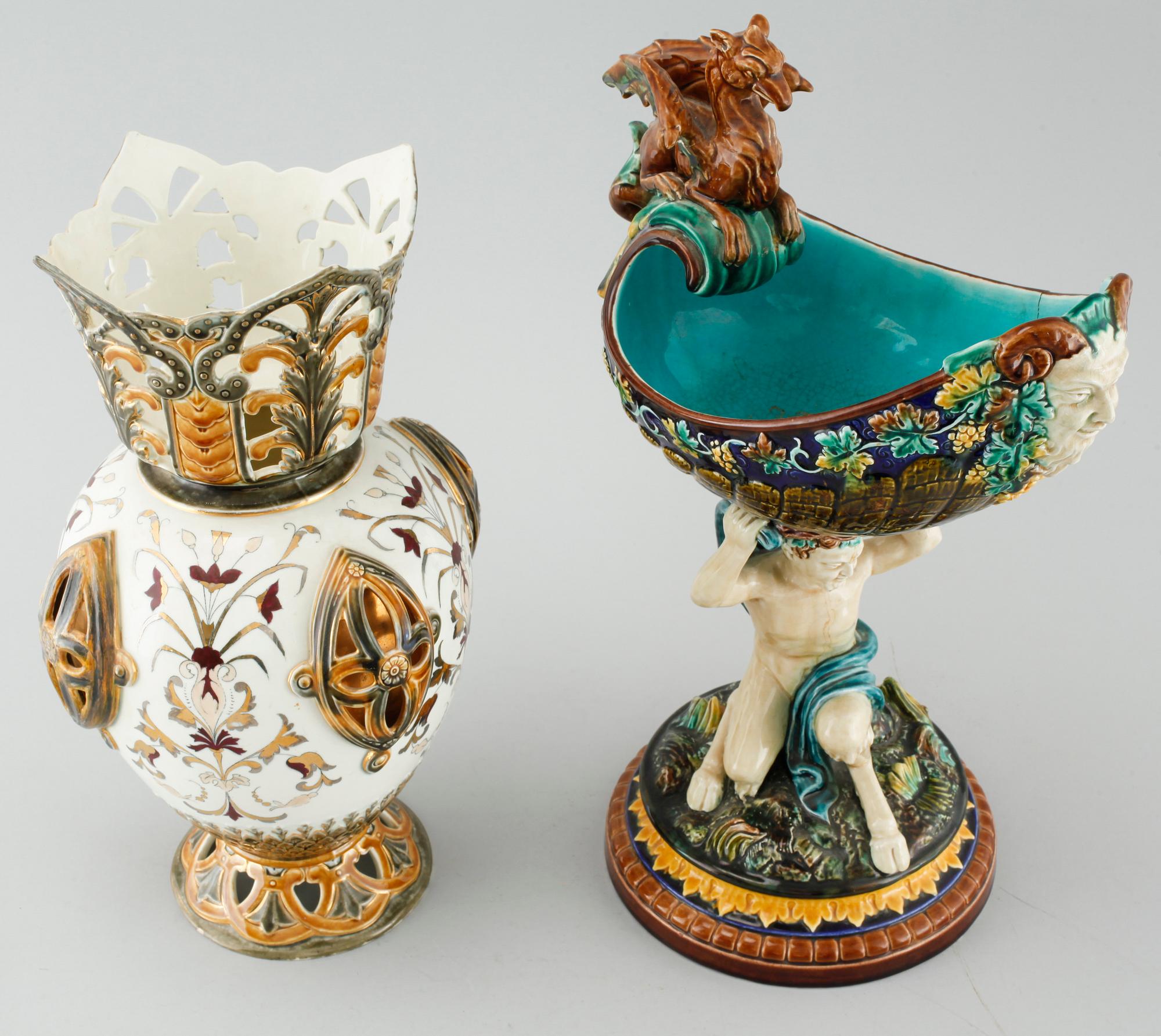 A majolica vase and bowl from Rörstrand, around the year 1900.