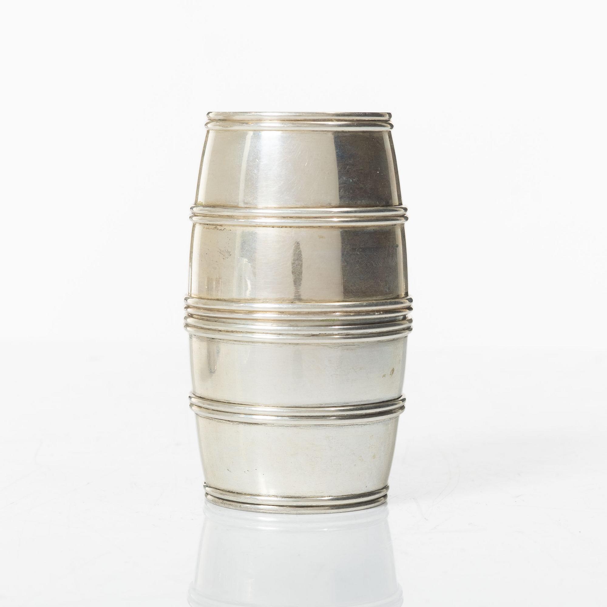 Six silver vodka cups, in the form of three detachable barrels, including mark of CF Carlman, Stockholm 1924.