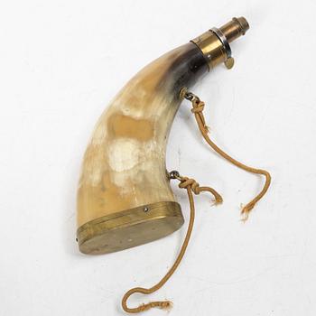 Two percussion cap containers 199th century, and two powder horns.