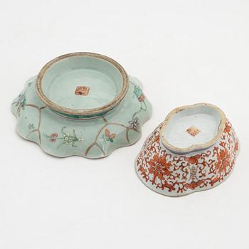 A famille rose jar with cover, box with cover and a dish and a bowl, China, circa 1900.