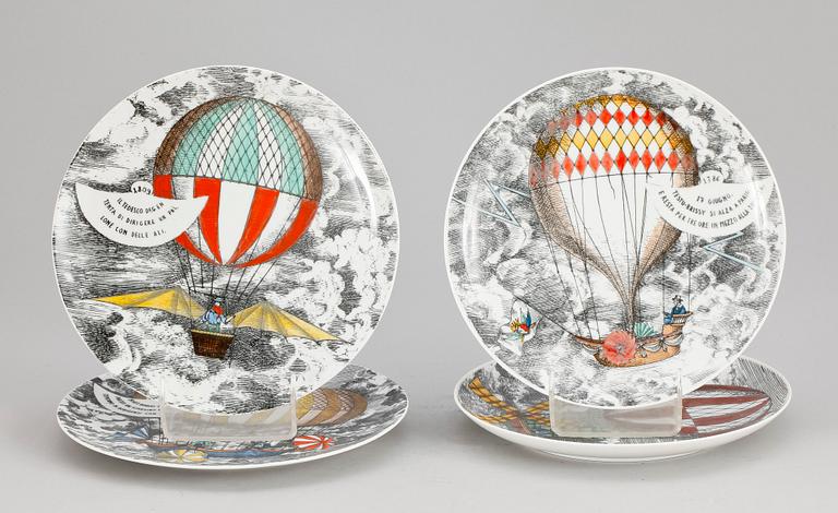 TALLRIKAR, 4 st. Porslin, "Mongolfiere", Fornasetti, Milano, Italien.
