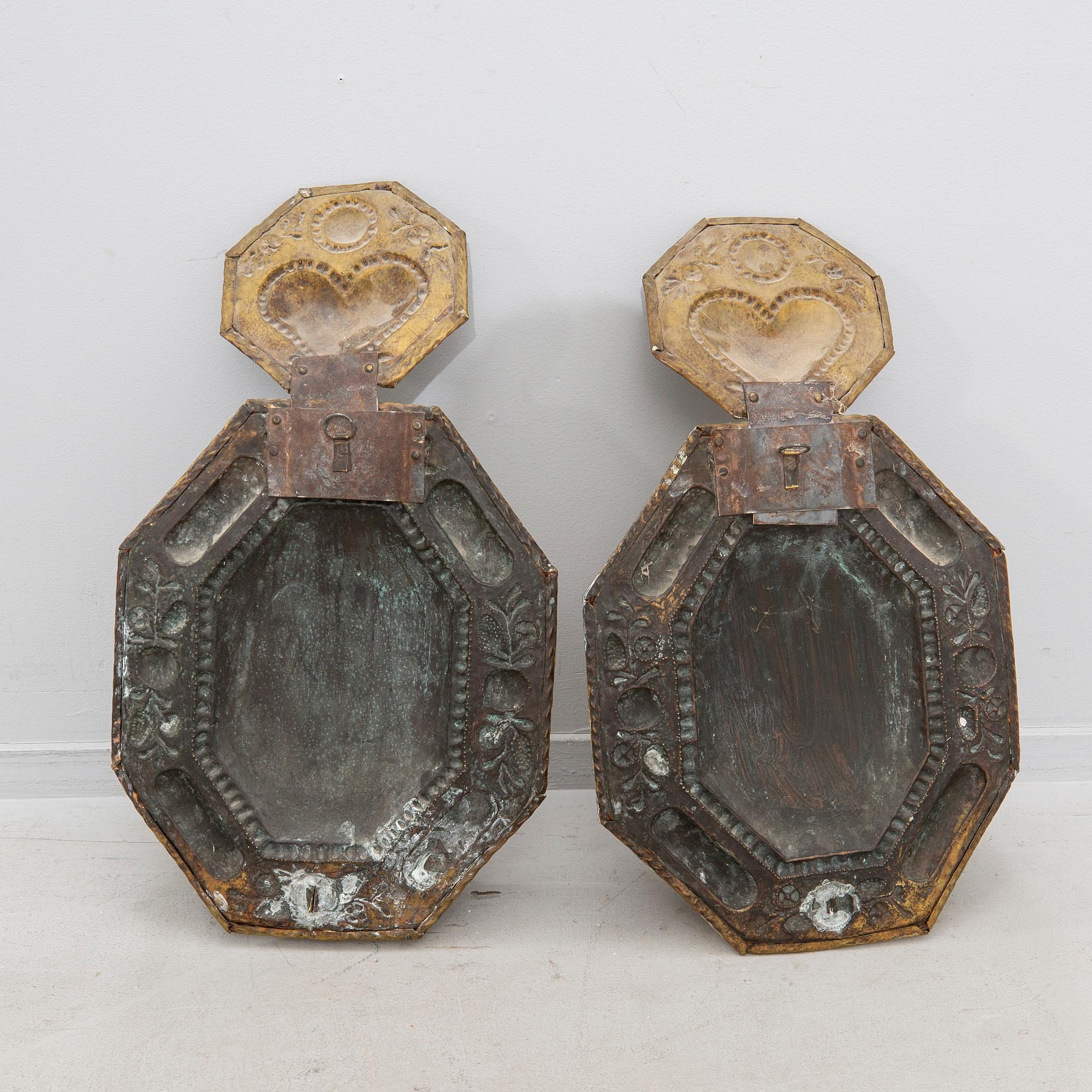 Ljusplåtar, ett par, mässing, 1800-tal.