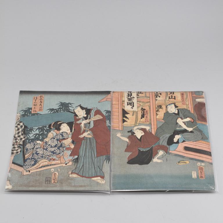 TRÄSNITT, 2 st, troligen Kunisada II samt Utagawa Kunisada Kochoro Toyokuni III, Japan, 1800-tal.