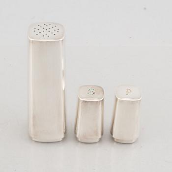 A saltshaker, peppershaker and a sugar shaker, silver, GAB, Stockholm, Sweden, 1964-65.