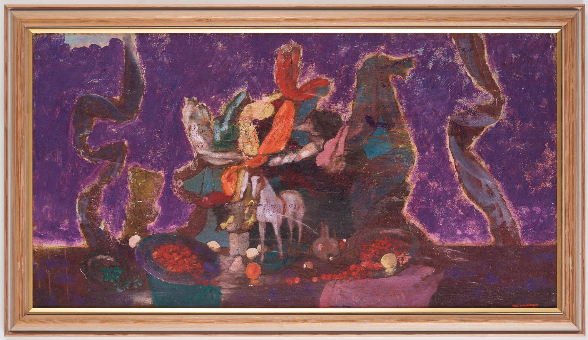 Mac Hamilton, Stilleben med figuriner, fat och frukt.